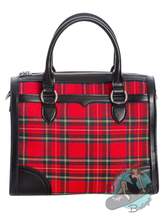 Red plaid vintage style handbag with black handles and metal accents