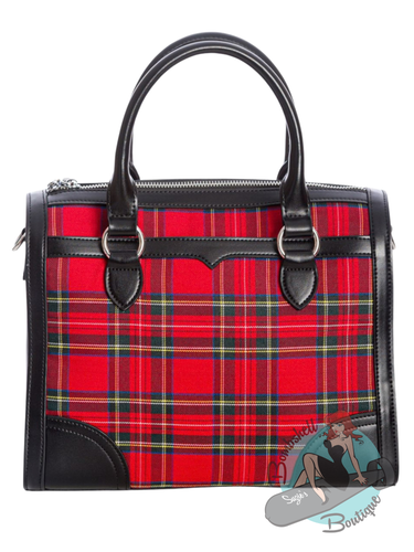 Red plaid vintage style handbag with black handles and metal accents