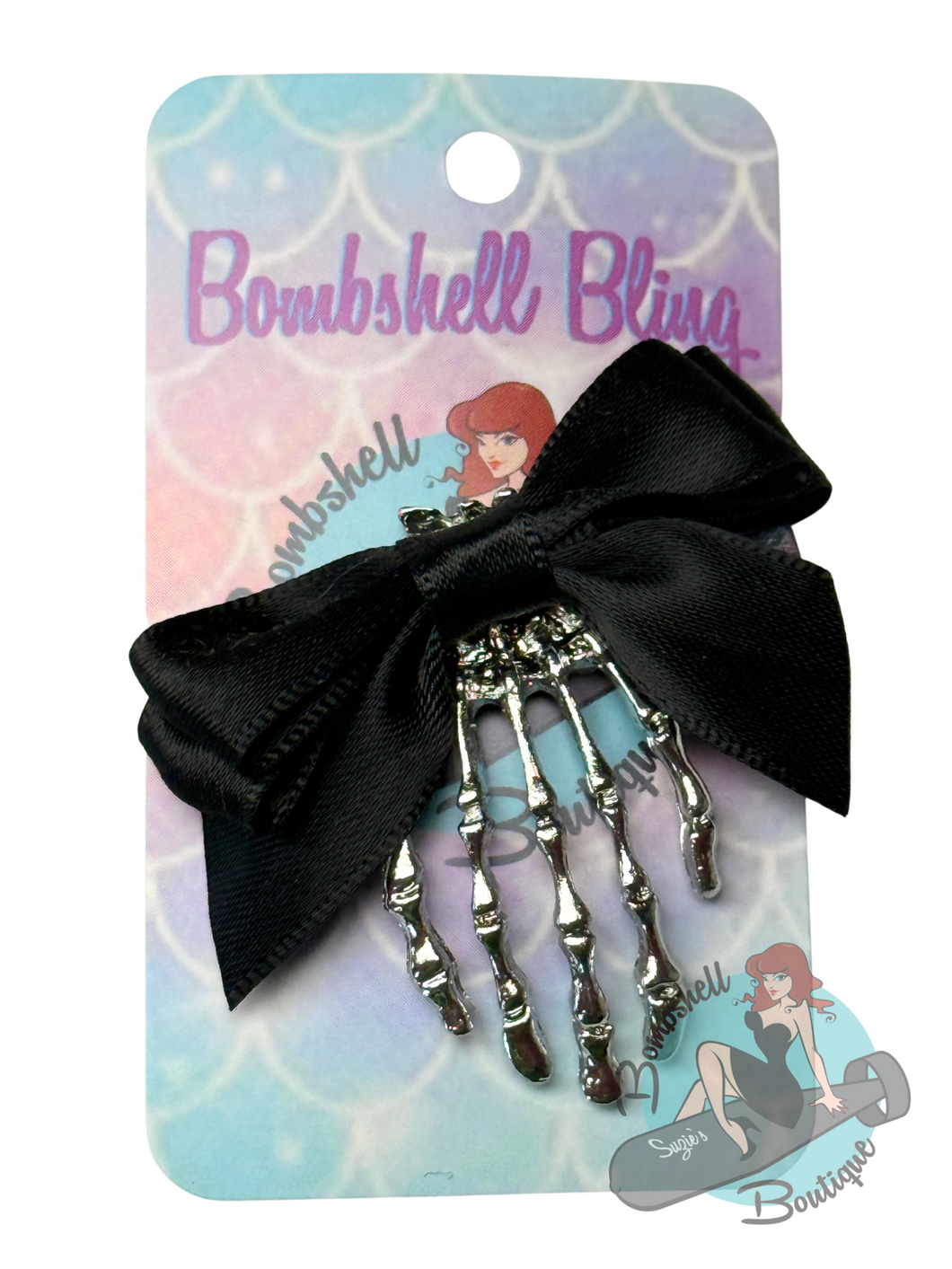 Bombshell Bling Skeleton Hand Bow Hair Clip