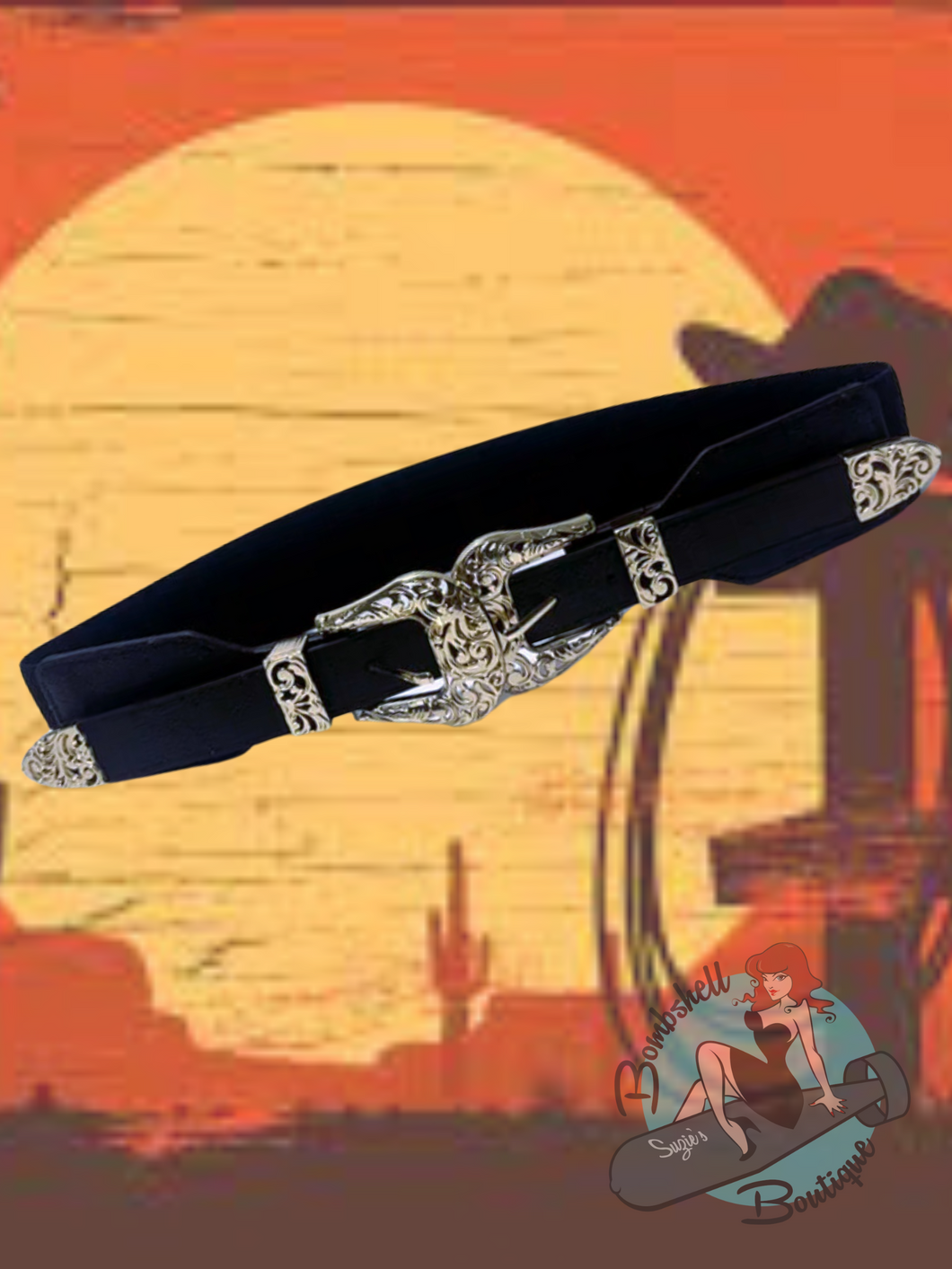 Elasticated double buckle western style ladies belt. Perfect for completing a vintage western pinup look.