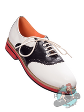 Black and white 1950s saddle shoes in vegan leather with white laces. Perfect for a comfy casual vintage inspired pinup look.