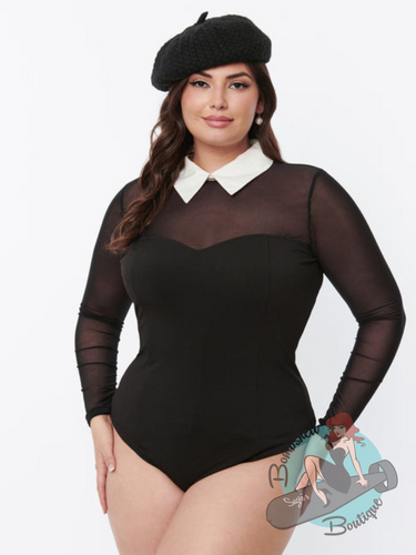 Black bodysuit with sweetheart neckline and mesh top and sleeves, and white cotton collar. Coordinates with 1950s pin up swing skirt, wiggle skirt, or jeans.
