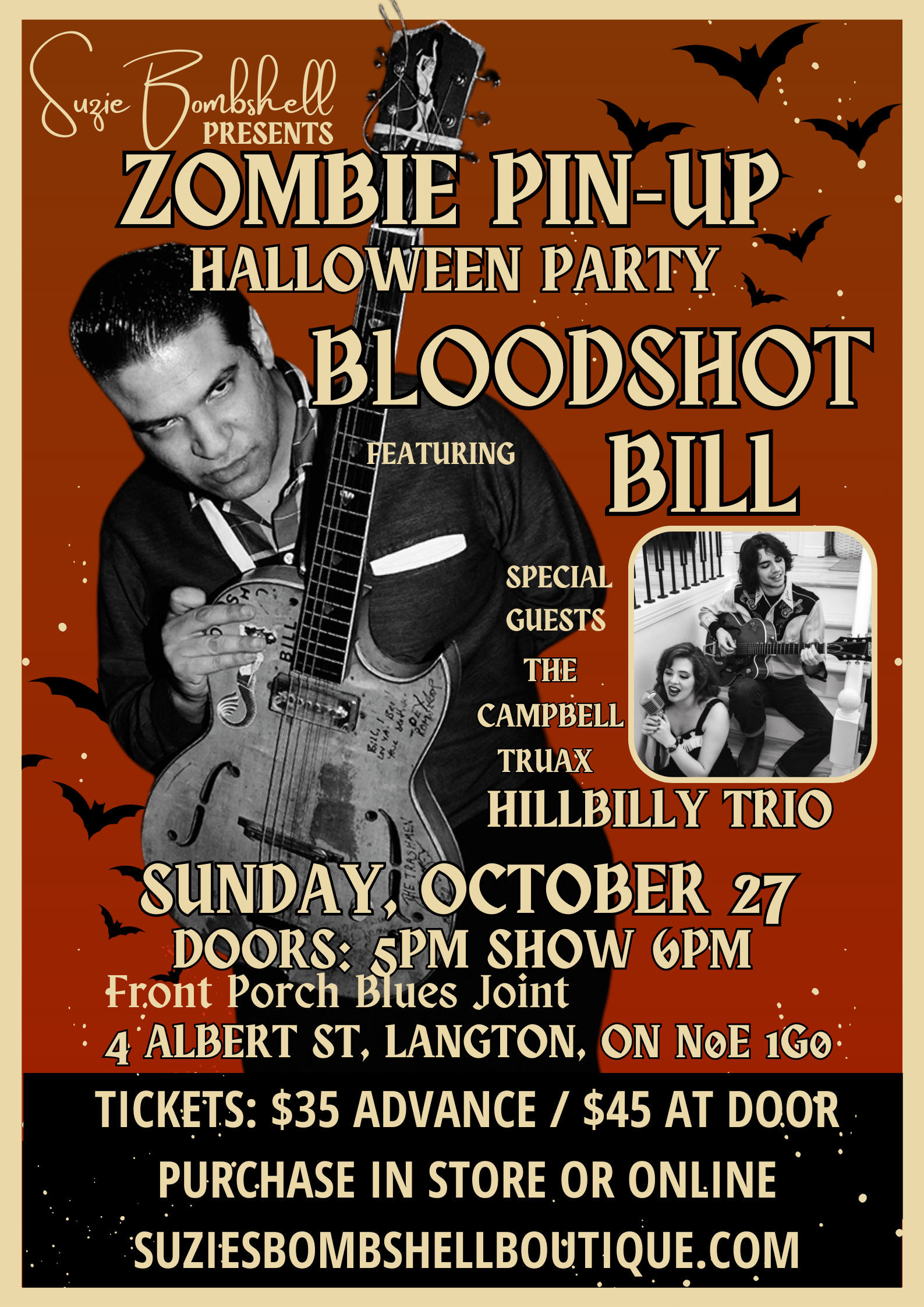 Live music show event poster showing rockabilly musicians Bloodshot Bill and Nicholas Campbell. Tickets for Halloween party.