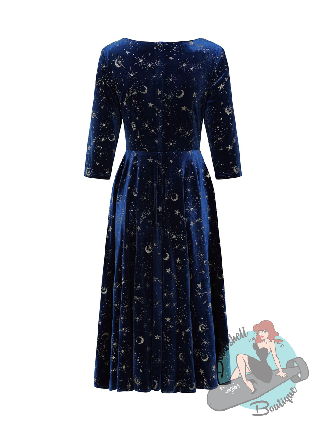 luna star blue dress Banned Retro Luna Celestial Velvet Swing Dress Suzie's Bombshell Boutique