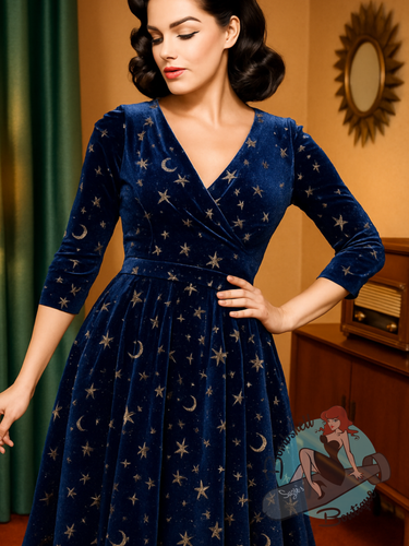 Glamorous woman wearing vintage style blue velvet party dress with gold stars on it