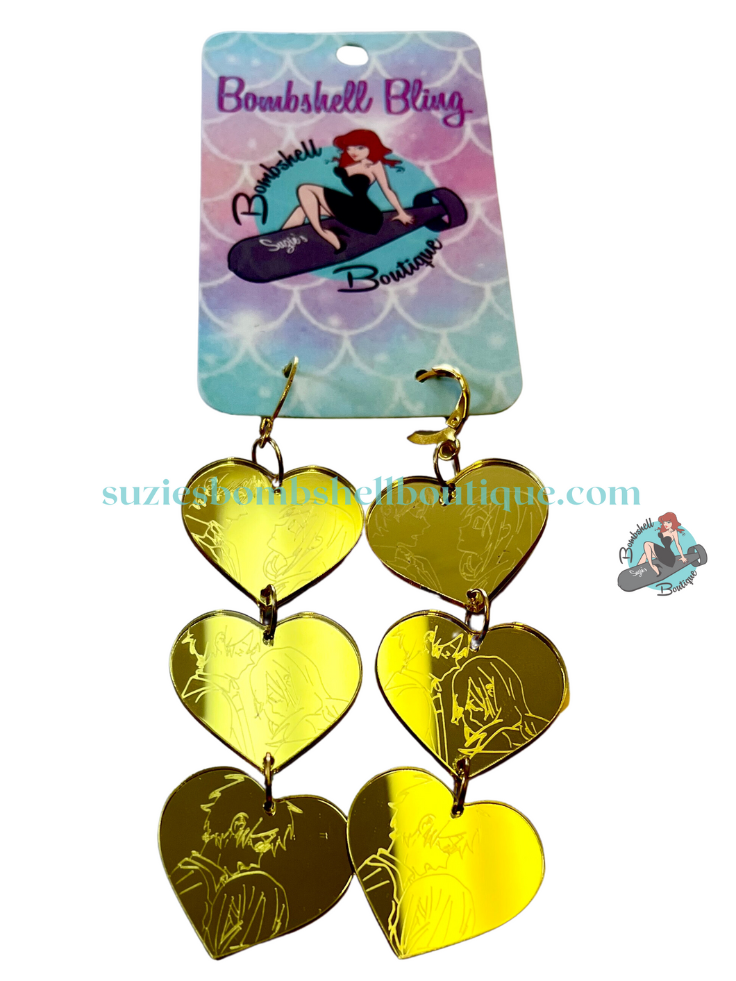 Bombshell Bling Anime Earrings three metallic coloured hearts with japanese cartoon characters etched on them pinup cosplay altfashion resin costume jewellery Canadian Pin-up Shop Suzie's Bombshell Boutique