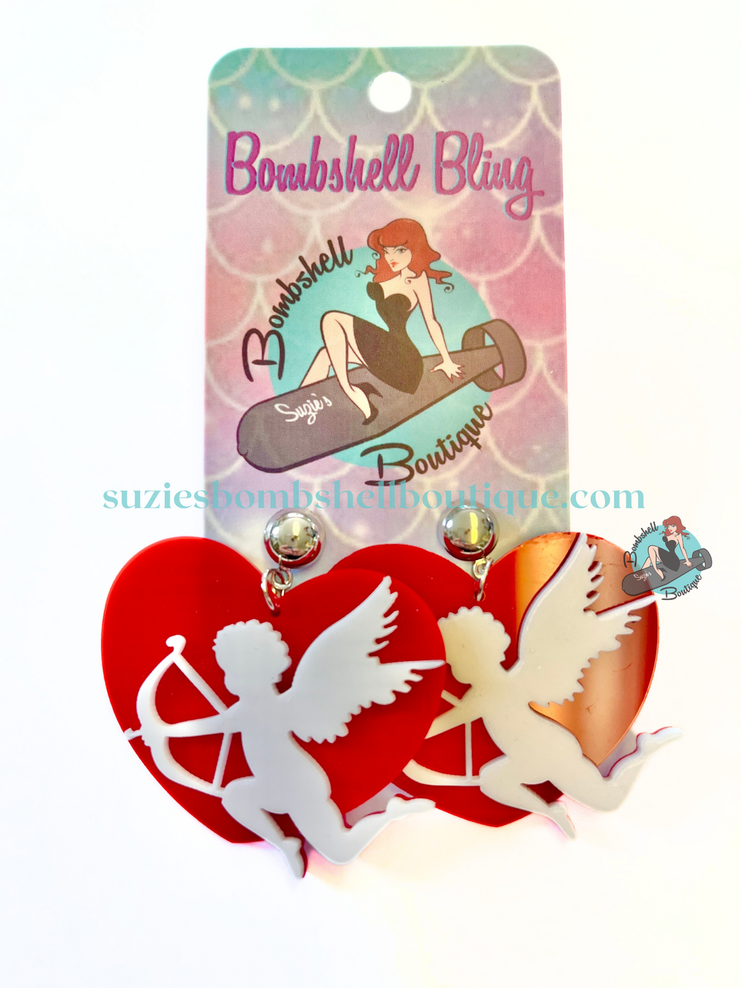 Bombshell Bling Cupid Earrings acrylic heart shaped cupid earrings valentine valentine's novelty altfashion pinup resin costume jewellery Canadian Pin-Up Shop Suzie's Bombshell Boutique