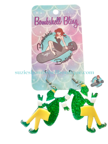 Bombshell Bling Dancing Elf Earrings acrylic earrings of Elf dancing green glitter Christimas kitschy pinup altfashion resin costume jewellery Canadian Pin-Up Shop Suzie's Bombshell Boutique