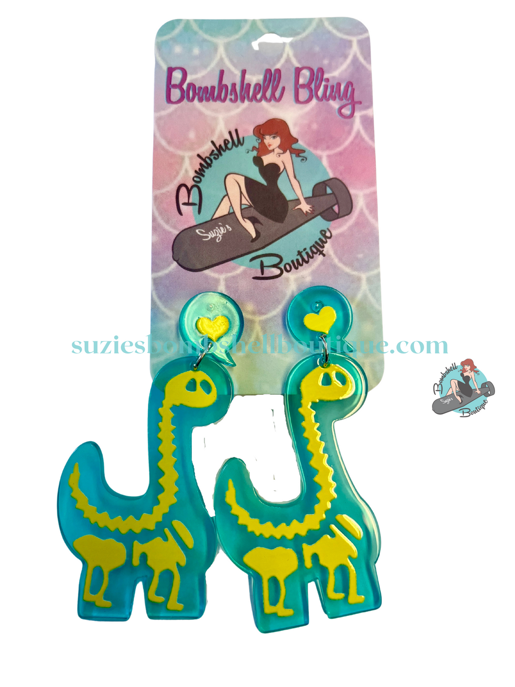Bombshell Bling Dino X-ray Earrings acrylic earrings in turquoise and yellow of dinosaur bones altfashion pinup resin costume jewellery Canadian Pin-Up Shop Suzie's Bombshell Boutique