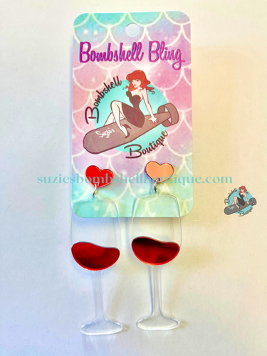 Bombshell Bling For the Love of Wine Earrings acrylic earrings in shape of clear wine glass with red wine in it pinup altfashion resin costume jewellery Canadian Pin-up Shop Suzie's Bombshell Boutique