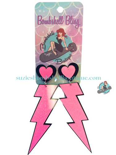 Bombshell Bling Grease Lightning Earrings acrylic glitter pink earrings of hearts with lightning bolt hanging from them pinup altfashion resin costume jewellery Canadian Pin-Up Shop Suzie's Bombshell Boutique