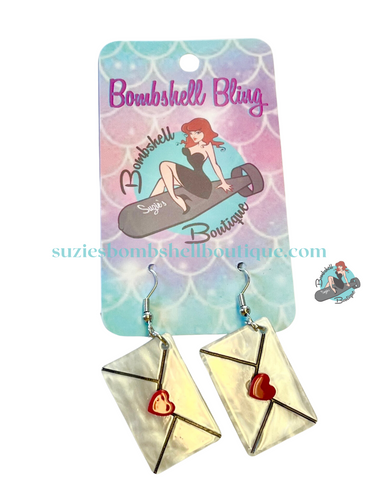 Bombshell Bling Love Letter Earrings acrylic pearlescent earrings in shape of letter love letter with hearts pinup altfashion resin costume jewellery Canadian Pin-Up Shop Suzie's Bombshell Boutique