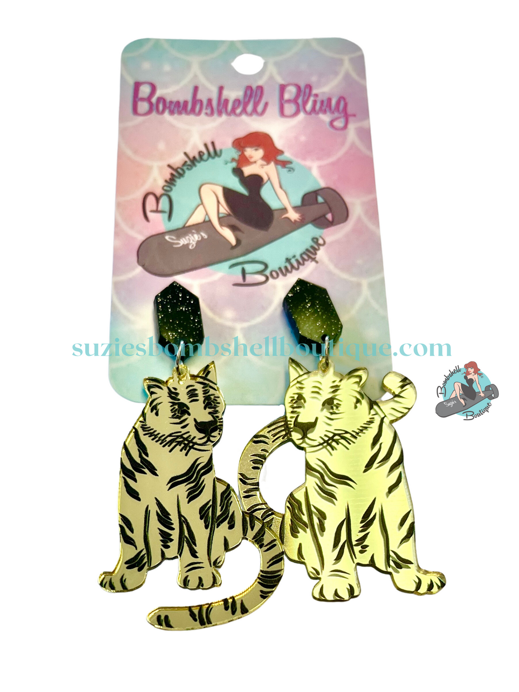 Bombshell Bling Metallic Tiger Earrings gold and black acrylic earrings in shape of tiger shiny metallic finish novelty altfashion pinup resin costume jewellery Canadian Pin-Up Shop Suzie's Bombshell Boutique