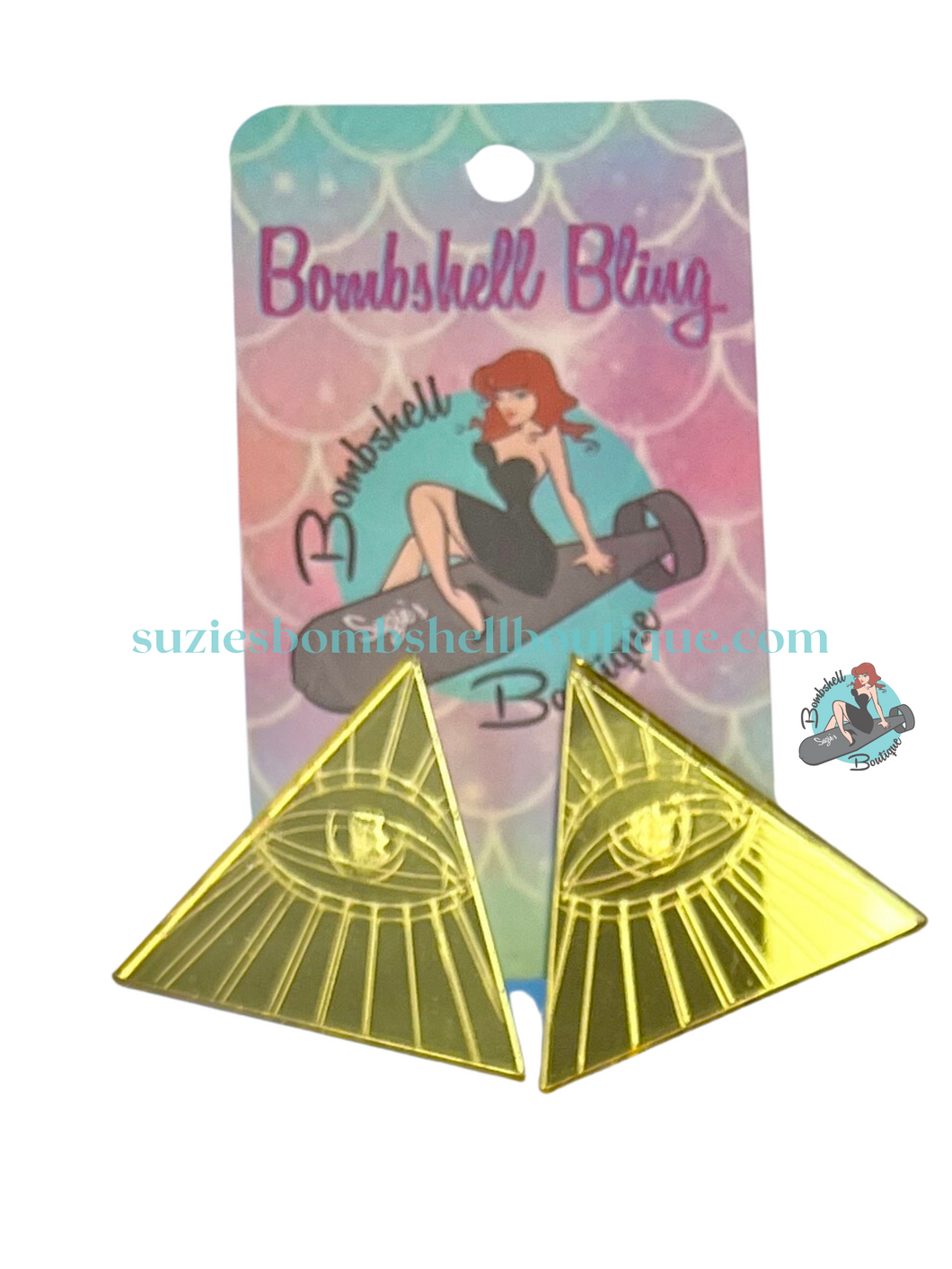 Bombshell Bling Pyramid Power Earrings metallic acrylic earrings in shape of pyramid shiny golden triangle with all seeing eye altfashion pinup resin costume jewellery goth Canadian Pin-Up Shop Suzie's Bombshell Boutique