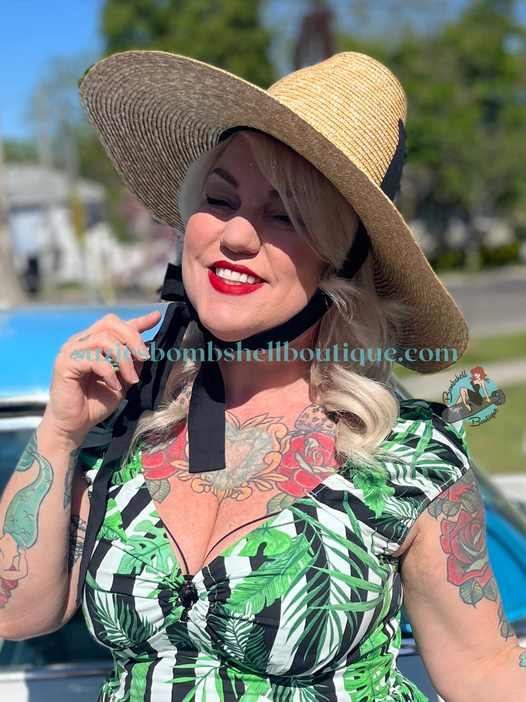 Bombshell Cottage Core Straw Hat cone shaped witch style country ladies summer hat for shade with ribbon to tie at chin retro vintage 40s 50s pinup goth hat Canadian Pin-Up Shop Suzie's Bombshell Boutique
