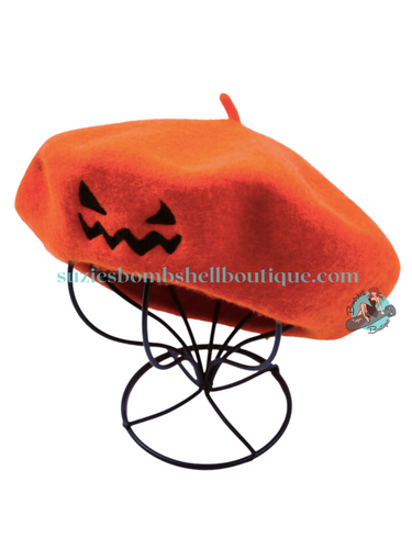 Bombshell Jack-o-Lantern Beret pumpkin jackolantern hat orange or black felt flat hat with spooky face embroidered on it altfashion spooky girl goth pinup halloween Canadian Pin-Up Shop Suzie's Bombshell Boutique