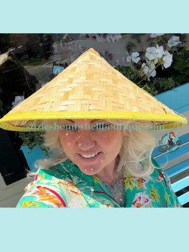 Bombshell Tiki Time Hat vintage bamboo chinese fisherman style pagoda hat sunhat retro 40s 50s pinup rockabilly Canadian Pin-Up Shop Suzie's Bombshell Boutique
