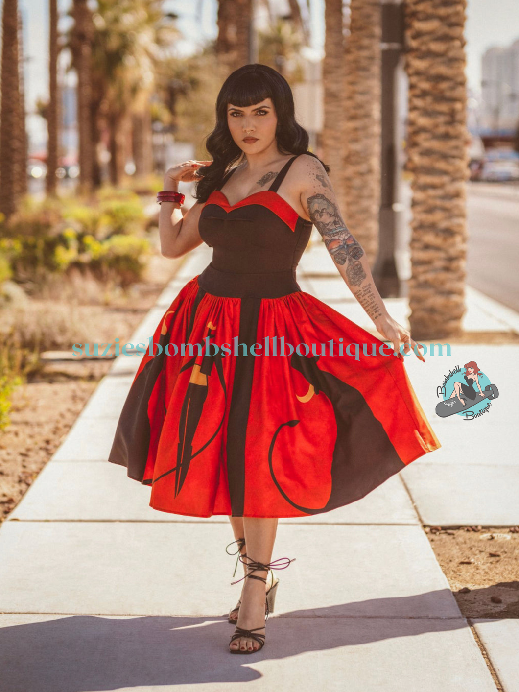 Boulevard Nights Custom Matador Border Print Dress Black and red sundress with midcentury modern artwork of matador bullfighter and bull retro vintage pinup 40s 50s rockabilly ladies swing dress with pockets Canadian Pin-Up Shop Suzie's Bombshell Boutique