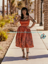 Boulevard Nights Custom Pueblo Border Print Dress rust bronze coloured shiny strappy sundress with print of desert on skirt retro vintage pinup 40s 50s mexican border print dress with pockets Canadian Pin-Up Shop Suzie's Bombshell Boutique