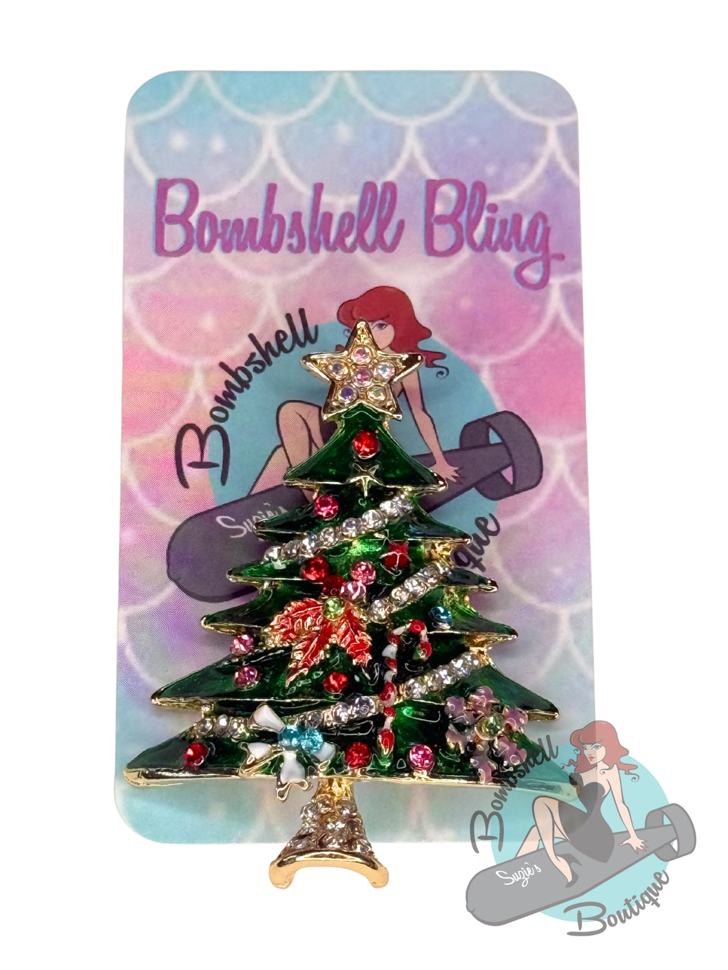 Christmas Tree Brooch with Rhinestones