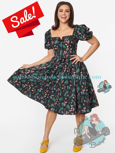 Unique Vintage Black Woodland Creature Button Front Dress