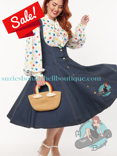 Unique Vintage Blue Denim Button Suspender Swing Skirt