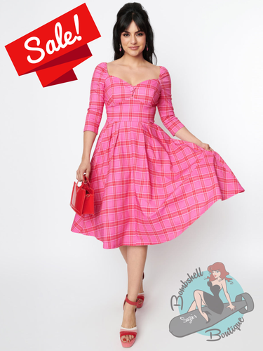 Unique Vintage Pink & Red Tartan Lamar Swing Dress