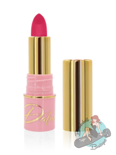 Pink lipstick with gold cap on a white background by Dafna Beauty