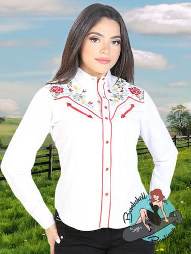Woman wearing white western shirt embroidered with red flowers