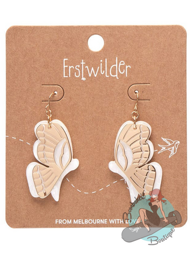 White resin and gold metal drop earrings in butterfly motif.