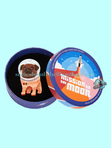 Erstwilder Mission To The Moon Interplanetary Pug Brooch resin acrylic pin of dog in space 60s space race retro vintage pinup costume jewellery Canadian Pin-Up Shop Suzie's Bombshell Boutique