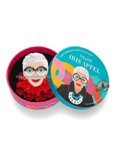 Erstwilder Canada Erstwilder x Iris Apfel The Face of Style Iris Brooch lapel pin of Iris Apfel face with big black glasses and red ruffled collar acrylic resin costume jewellery jewelry altfashion quirky pinup accessories Canadian Pin-Up Shop Suzie's Bombshell Boutique