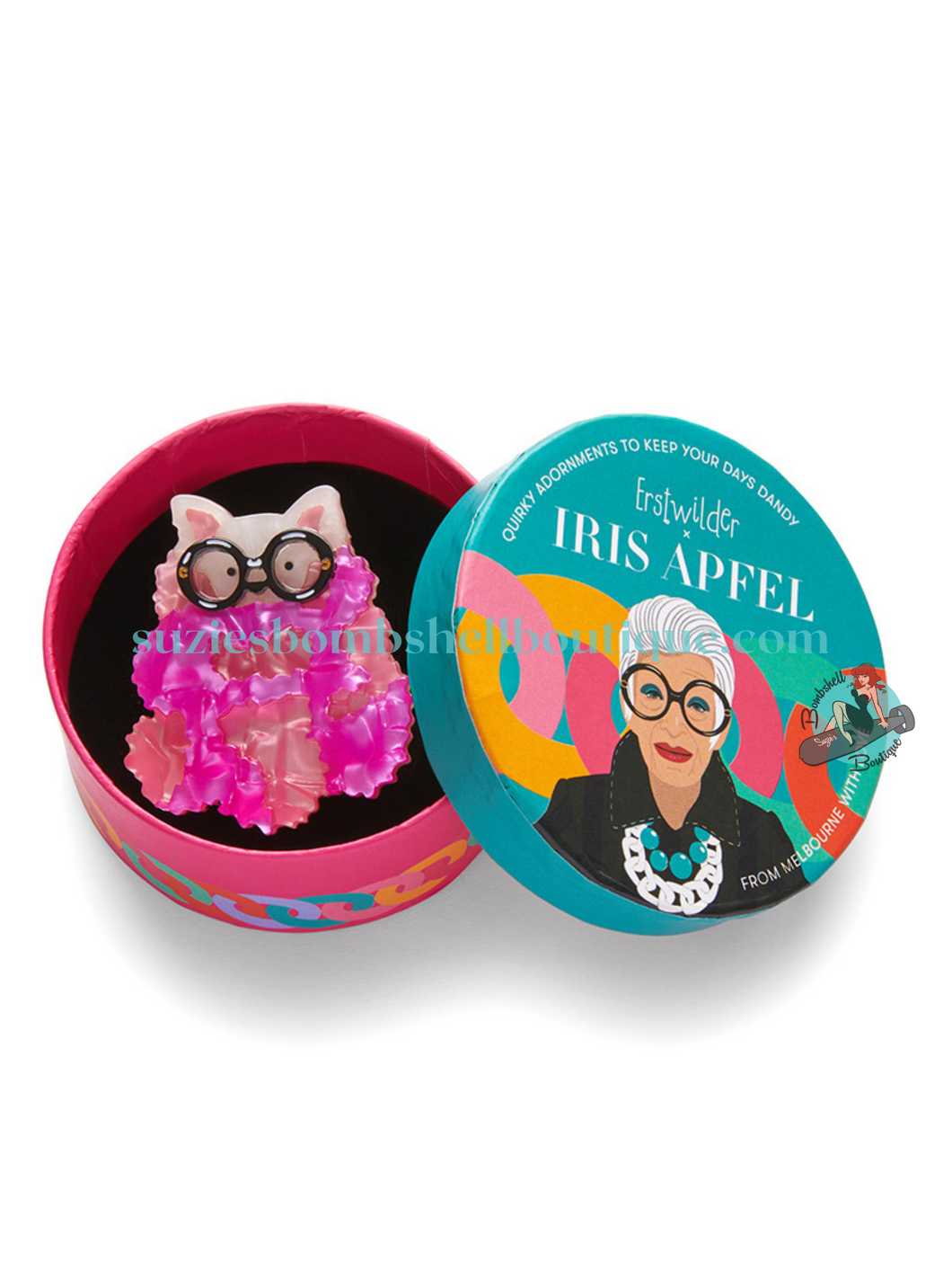 Erstwilder Canada Erstwilder x Iris Apfel A Pooch Amongst the Pom Poms Mini Brooch lapel pin of white dog wearing big black glasses and pink feather boa acrylic resin costume jewellery jewelry altfashion quirky pinup accessories Canadian Pin-Up Shop Suzie's Bombshell Boutique