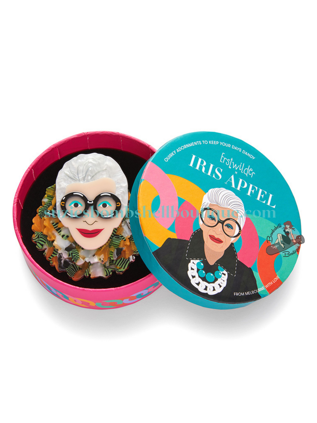 Erstwilder Canada Erstwilder x Iris Apfel Adorned in Feathers Iris Brooch lapel pin of Iris Apfel face in big black glasses and green and orange feather boa acrylic resin costume jewellery jewelry quirky altfashion pinup accessories Canadian Pin-up Shop Suzie's Bombshell Boutique