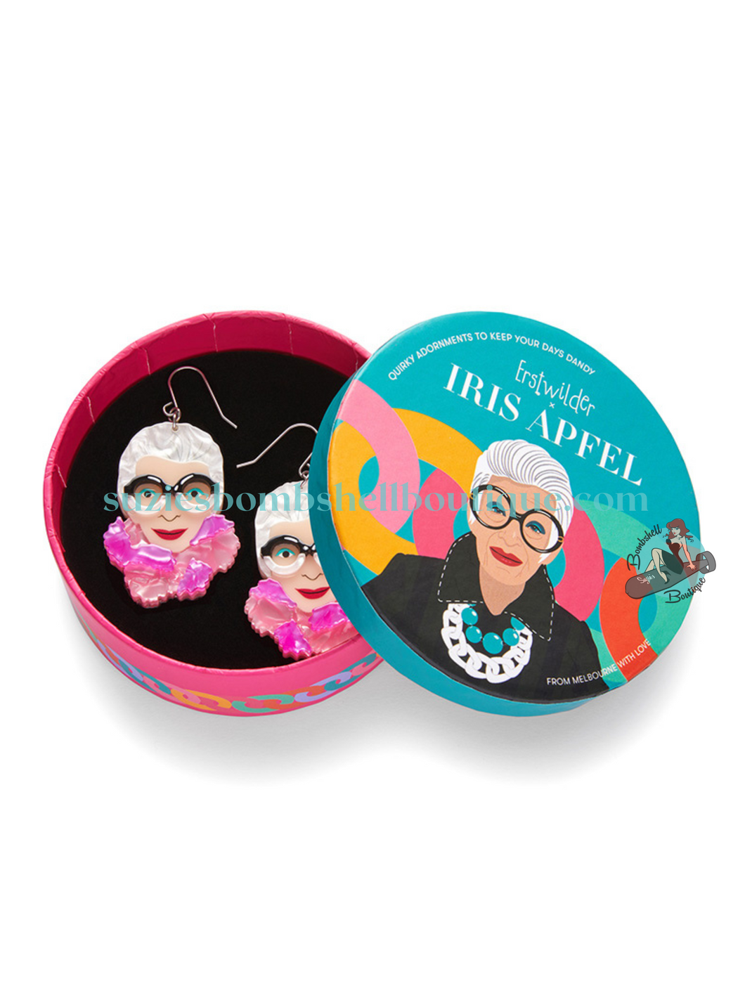 Erstwilder Canada Erstwilder x Iris Apfel Pretty In Pom Poms Iris Drop Earrings dangle earrings of Iris Apfel face with big black glasses and pink boa altfashion quirky pinup accessories resin acrylic costume jewellery jewelry Canadian Pin-Up Shop Suzie's Bombshell Boutique