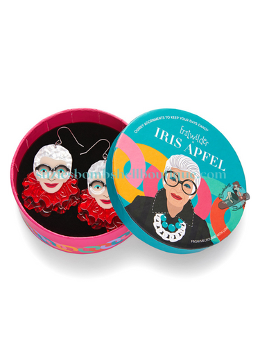 Erstwilder Canada Erstwilder x Iris Apfel The Face of Style Iris Drop Earrings Iris Apfel face wearing her big black glasses and a red boa large resin acrylic earrings costume jewellery altfashion pinup jewelry Canadian Pin-Up Shop Suzie's Bombshell Boutique