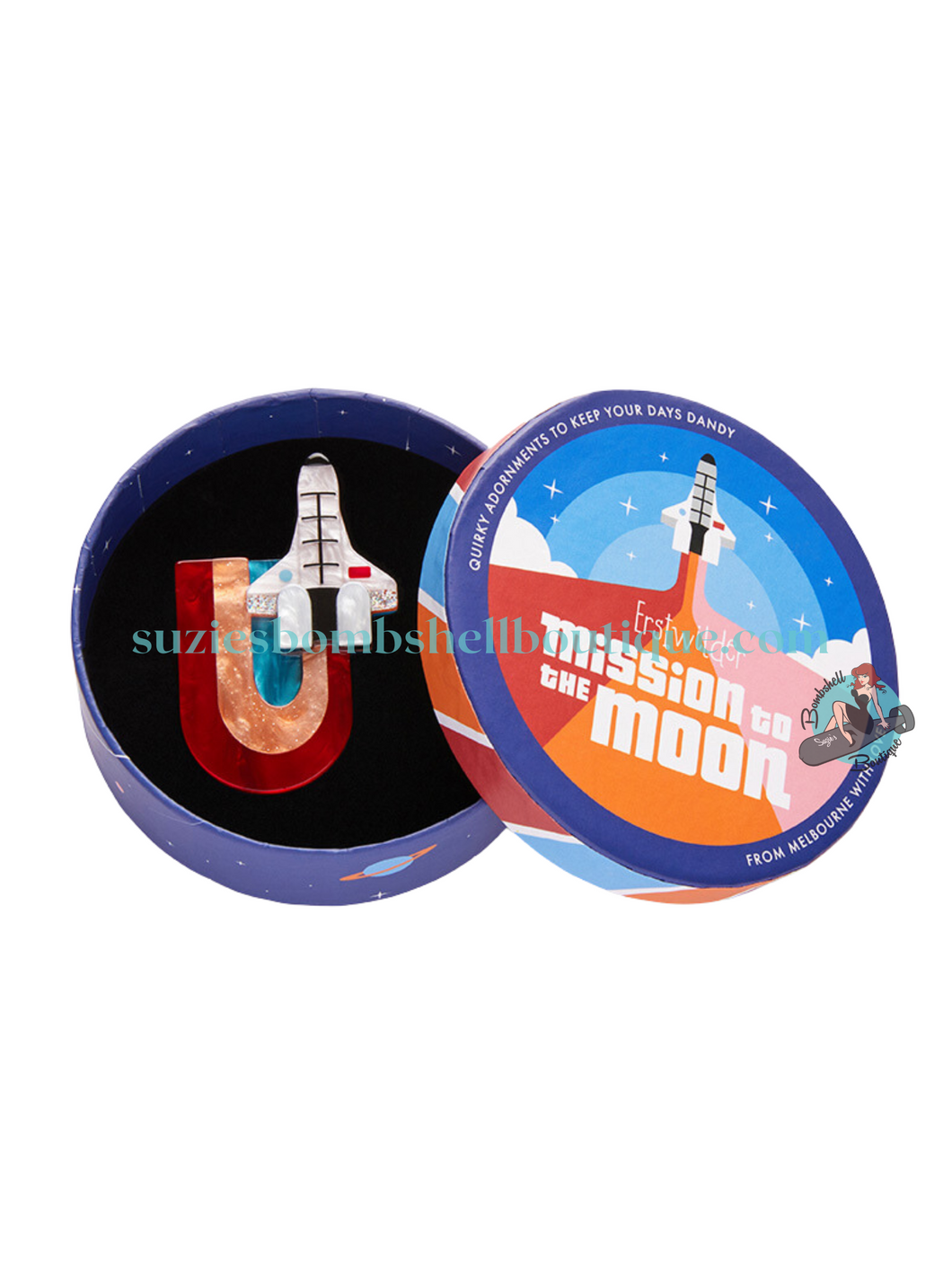 Erstwilder Mission To The Moon Brooch acrylic resin pin of the first shuttle spaceship to fly to space from United States Apollo 11 retro vintage 60s pinup costume jewellery Canadian Pin-Up Shop Suzie's Bombshell Boutique