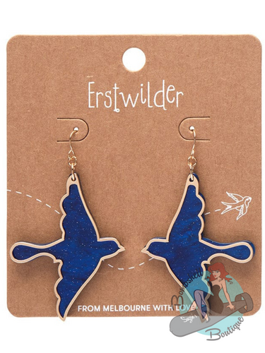 Acrylic and metal bird earrings in the tattoo style of rockabilly swallows.