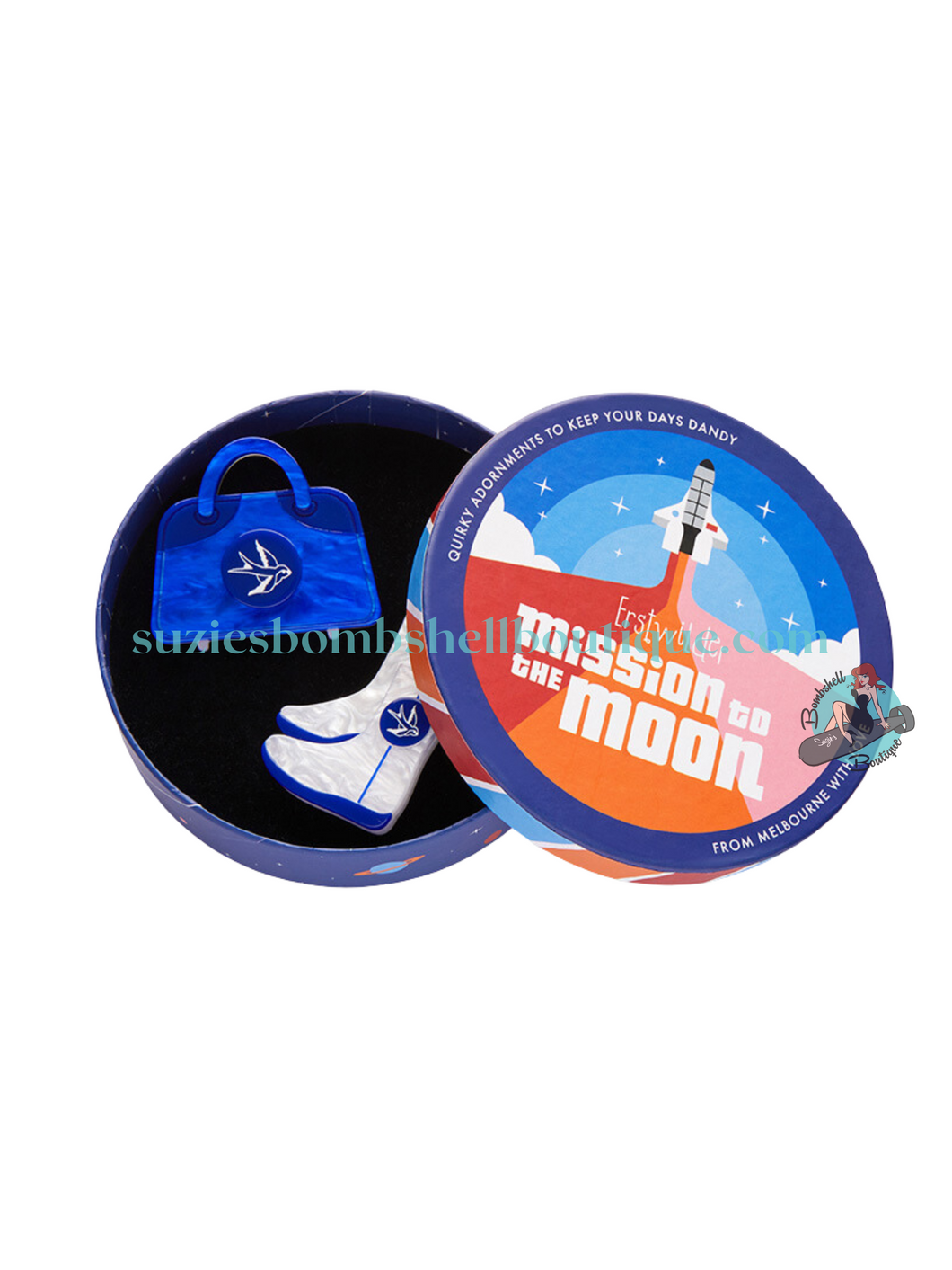 Erstwilder Mission To The Moon Space Chic Souvenirs Double Brooch set of two acrylic resin pins of space boots and travel case retro vintage pinup 50s 60s costume jewellery pinup Canadian Pin-Up Shop Suzie's Bombshell Boutique