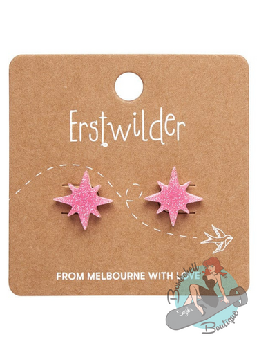 Acrylic resin earrings in choice of pink, blue, silver, of gold glitter in shape of star. Part of the Erstwilder Vintage Kitchen Collection. Perfectly complete a midcentury modern 1950s pin up look.