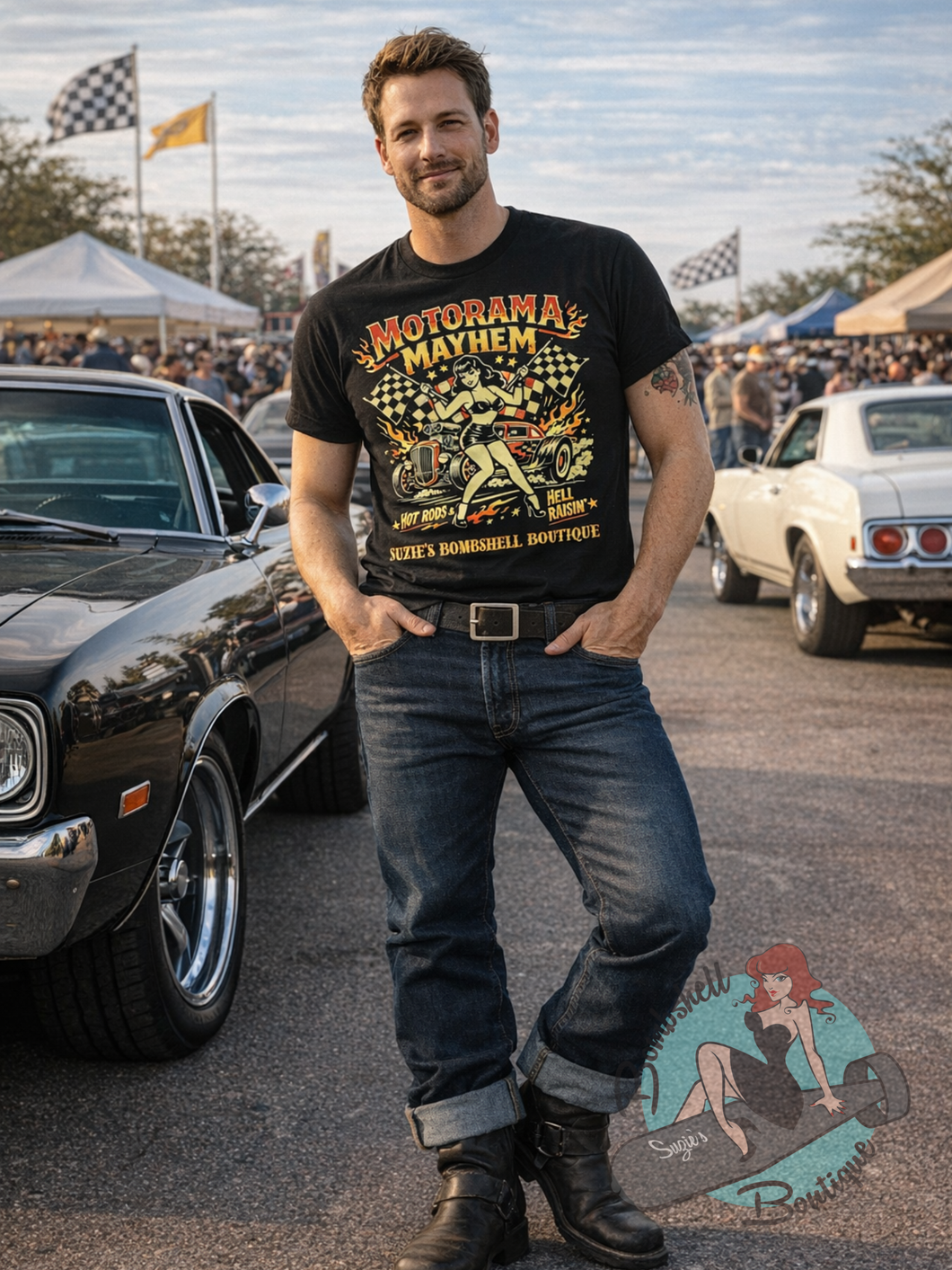 Rockabilly guy at car show wearing Motorama Mayhem Tee