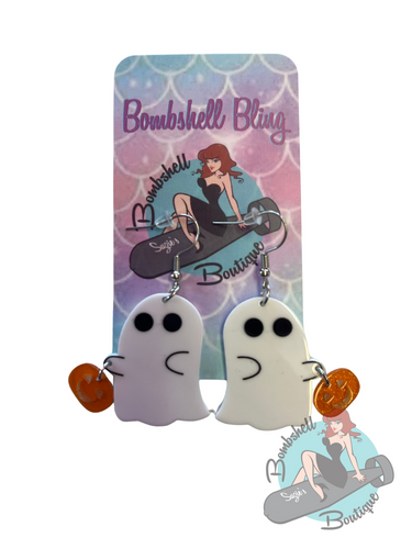 Cute spooky halloween earrings of ghosts trick or treating with pumpkin pails