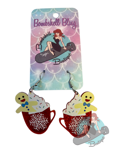 Drop Earrings of gingerbread man dipped in a red festive mug. Perfect vintage christmas pin up accessory.