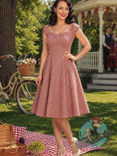 Pinup girl Woman in a red gingham dress standing outdoors with a picnic setup and bicycle in the background.