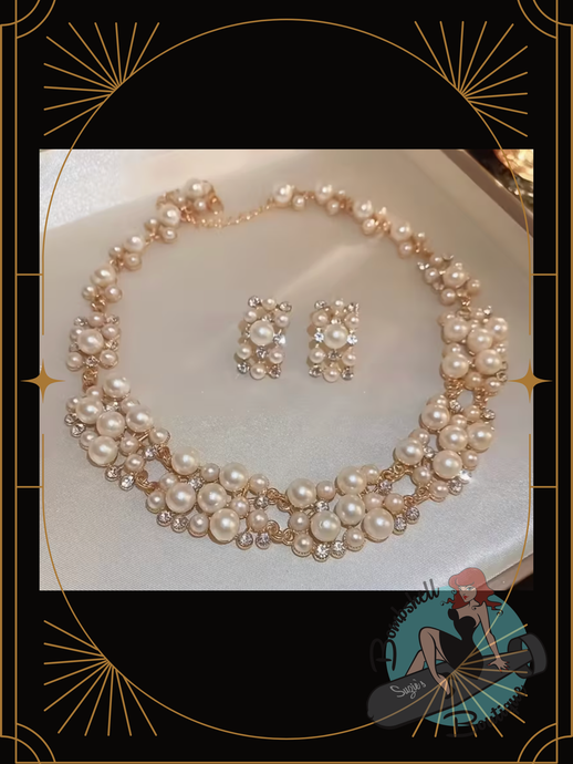 vinTAGE Pearl necklace and earrings set on a light background with decorative border