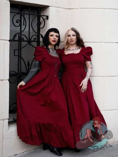 romantic goth style long dress in burgundy