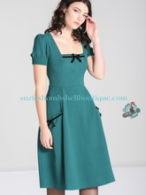 Hell Bunny Canada Hell Bunny Aubrey Dress green fit and flare swing dress with pockets trimmed with black velvet classic audrey hepburn pinup retro vintage swing dress 40s 50s Canadian Pin-Up Shop Suzie's Bombshell Boutique