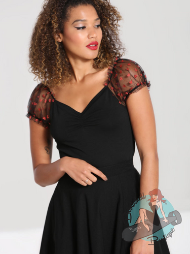 Black fitted top with black mesh short sleeves embellished with red glitter hearts. A perfect Valentine's top for the pin up rockabilly girl.