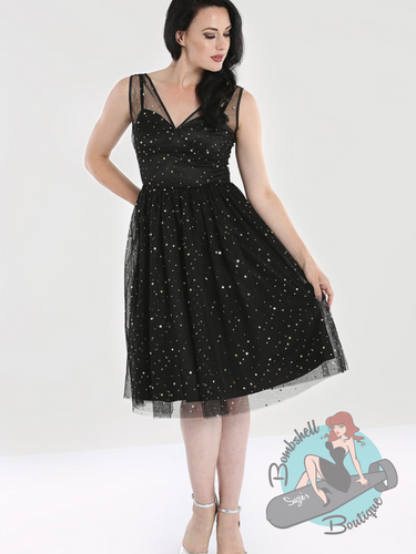 Black tulle party dress perfect for a pinup holiday dress. This dress features stars in gold. Perfect for a bridesmaid.