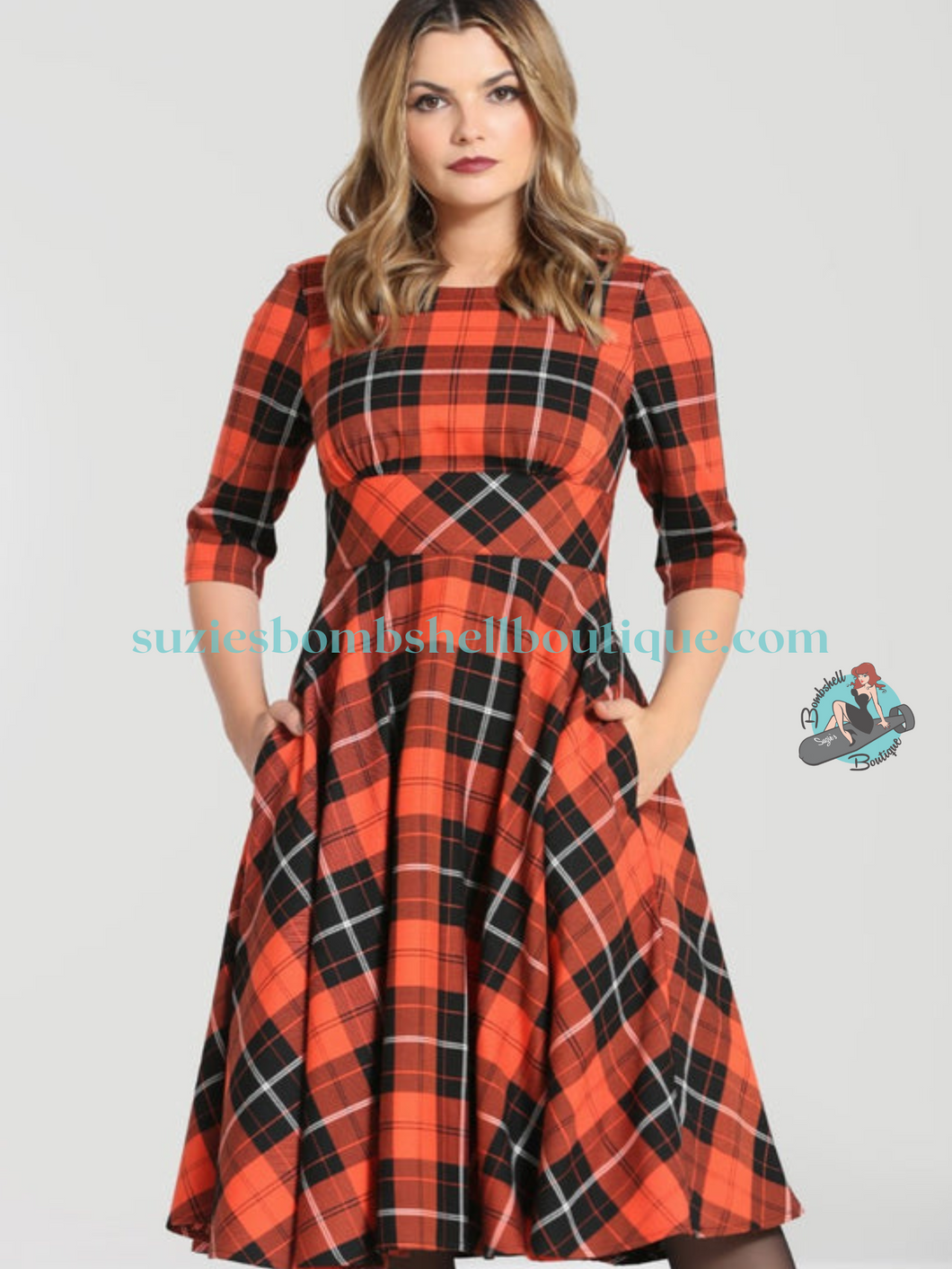 Hell Bunny Canada Hell Bunny Clementine 50s Swing Dress orange and black tartan plaid flared dress with pockets retro vintage pinup 50s dress altfashion goth halloween Canadian Pin-Up Shop Suzie's Bombshell Boutique